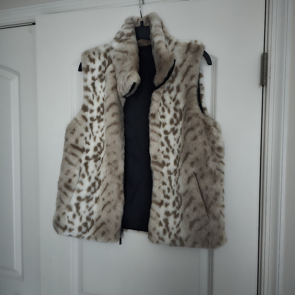 🐆 GIACCA GALLERY Reversible BROWN LYNX FAUX FUR Spotted Snow Leopard VEST - Picture 4 of 10